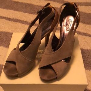 Coach open toe beige suede heels